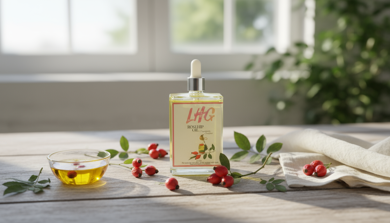 LHC skincare bottle with dropper on a table with rosehip seeds and leaves