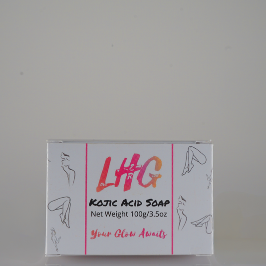 Kojic acid soap packaging with 'LHG' branding on a gray background