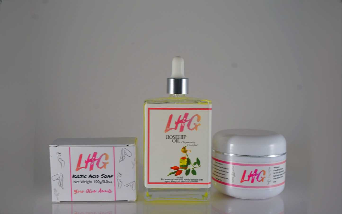 LHG skincare products including a bottle, box, and jar on a gray background