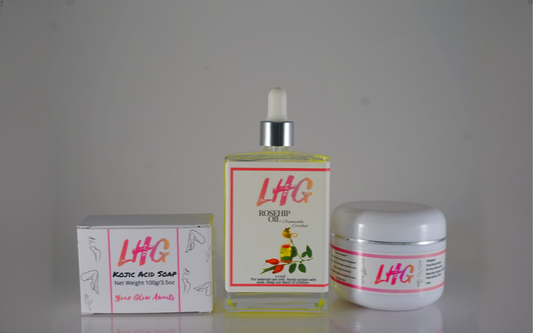 LHG skincare products including a bottle, box, and jar on a gray background