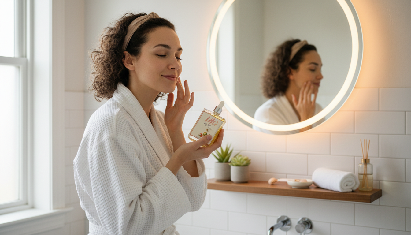 Woman applying skincare product in front of a mirror in a bathroom.