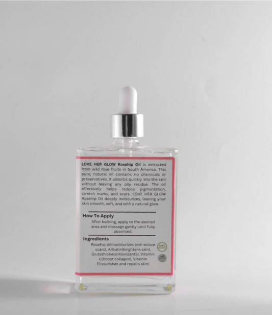 Back view of the rosehip oil. Display a neutral background. 