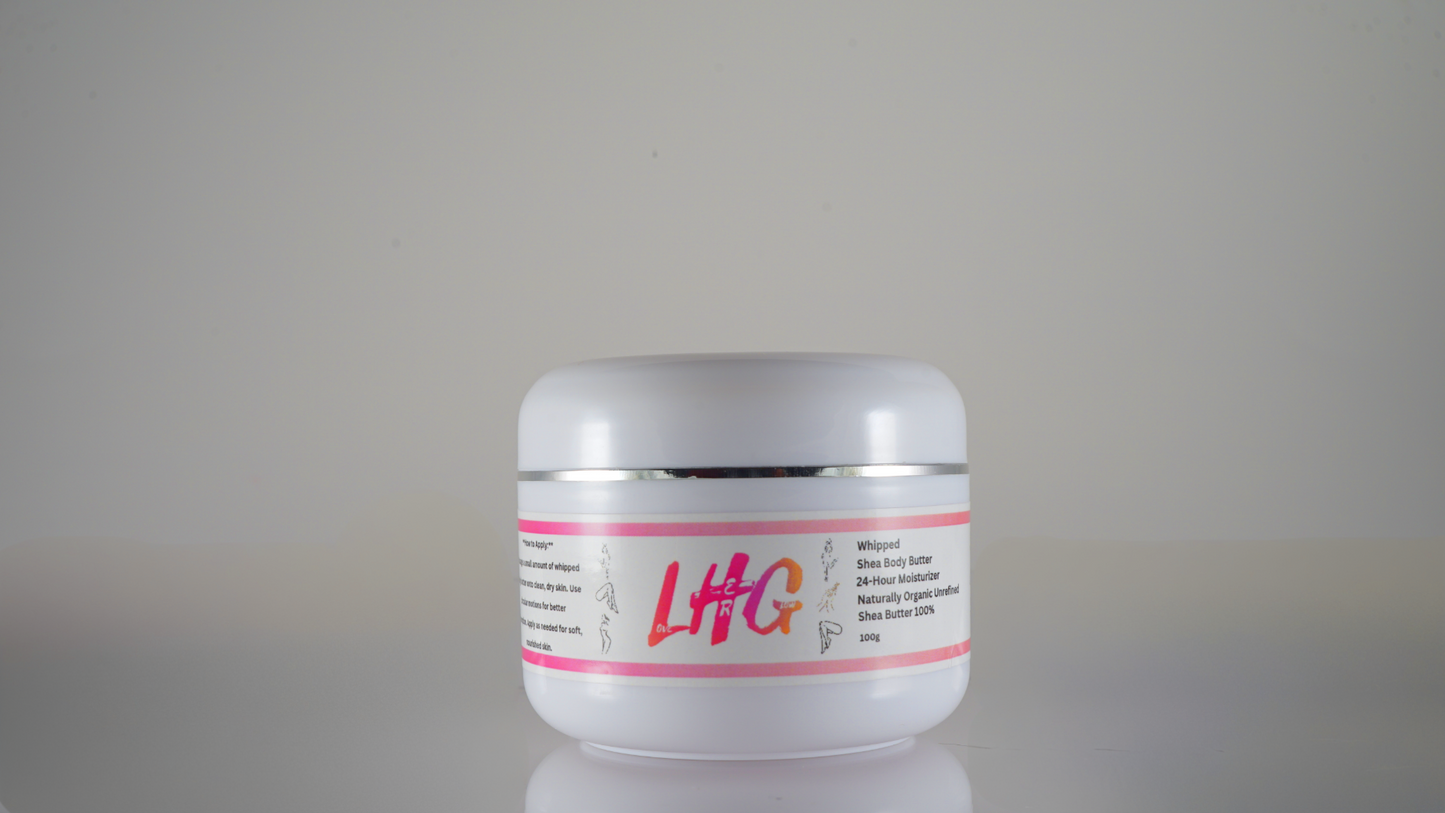 Jar of cream with 'LHG' branding on a gray background