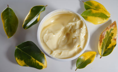 White bowl of creamy substance surrounded by green leaves on a light background